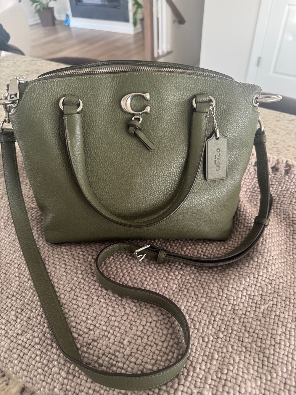 Coach Olive Green Pebbled Leather Turnlock Carryall Tote with Removable Strap